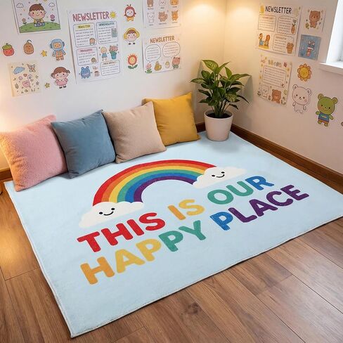 Breling 4 x 3.2 ft Rainbow Calming Corner Rug, This is Our Happy Place Non-Slip Reading Corner Emotion Soft Fluffy Mental Health Area Rug for Playroom, Nursery, Classroom Decor in Saudi Arabia
