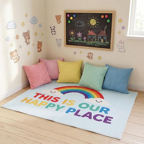 Breling 4 x 3.2 ft Rainbow Calming Corner Rug, This is Our Happy Place Non-Slip Reading Corner Emotion Soft Fluffy Mental Health Area Rug for Playroom, Nursery, Classroom Decor in Saudi Arabia