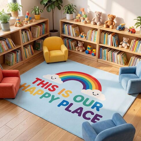 Breling 4 x 3.2 ft Rainbow Calming Corner Rug, This is Our Happy Place Non-Slip Reading Corner Emotion Soft Fluffy Mental Health Area Rug for Playroom, Nursery, Classroom Decor in Saudi Arabia