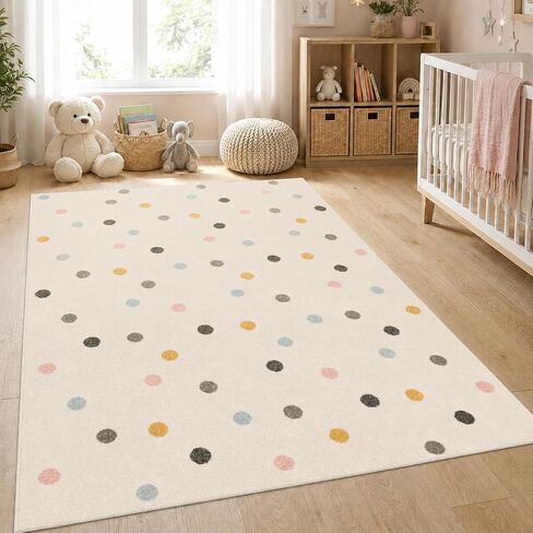 Paco Home Kids Rug with Colorful Polka Dots in Soft Cream, Size: 4'4" x 6'3" in Kuwait