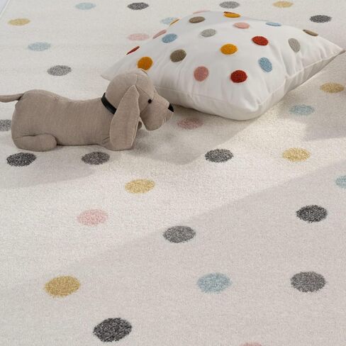 Paco Home Kids Rug with Colorful Polka Dots in Soft Cream, Size: 4'4" x 6'3" in Kuwait