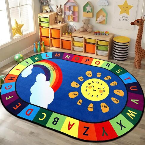 Dunzy 3 x 4ft ABC Alphabet Rug for Playroom Corner Library Educational and Fun Play Mat with ABC Alphabet, Numbers, Colors and Clocks Reading Corner Play Mat for Classroom Game Activity in Kuwait