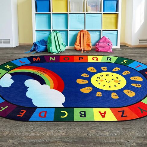 Dunzy 3 x 4ft ABC Alphabet Rug for Playroom Corner Library Educational and Fun Play Mat with ABC Alphabet, Numbers, Colors and Clocks Reading Corner Play Mat for Classroom Game Activity in Kuwait