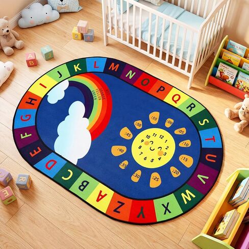 Dunzy 3 x 4ft ABC Alphabet Rug for Playroom Corner Library Educational and Fun Play Mat with ABC Alphabet, Numbers, Colors and Clocks Reading Corner Play Mat for Classroom Game Activity in Kuwait