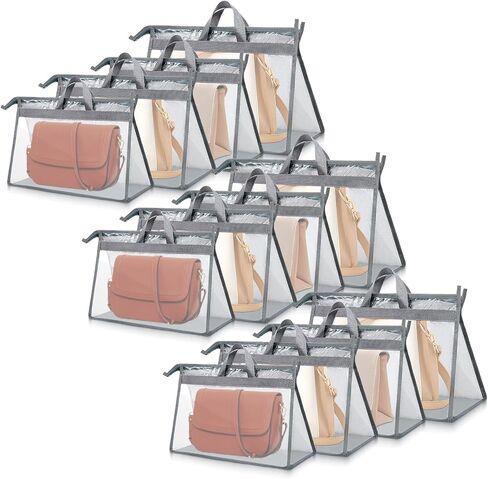 12 Pack Clear Handbag Storage Organizer, Dust Bags for Handbags, 4Sizes Clear Purse Storage Organizer with Zipper and Handles, Handbag Dust Covers for Closet and Dorm Wardrobe-3S+3M+3L+3XL in Kuwait