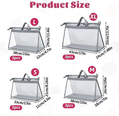 12 Pack Clear Handbag Storage Organizer, Dust Bags for Handbags, 4Sizes Clear Purse Storage Organizer with Zipper and Handles, Handbag Dust Covers for Closet and Dorm Wardrobe-3S+3M+3L+3XL in Kuwait