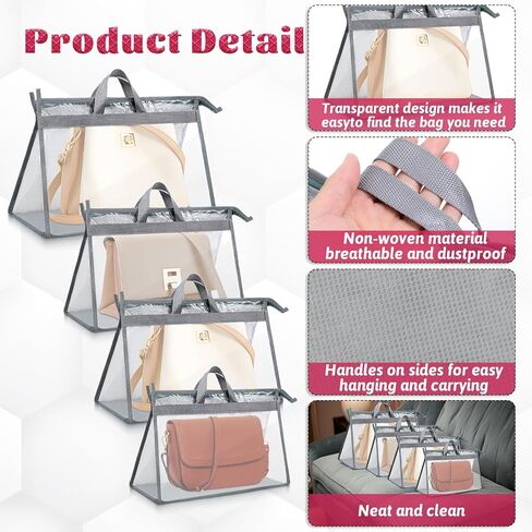 12 Pack Clear Handbag Storage Organizer, Dust Bags for Handbags, 4Sizes Clear Purse Storage Organizer with Zipper and Handles, Handbag Dust Covers for Closet and Dorm Wardrobe-3S+3M+3L+3XL in Kuwait