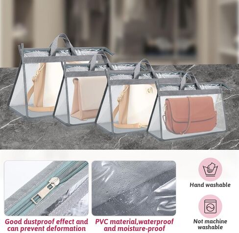 12 Pack Clear Handbag Storage Organizer, Dust Bags for Handbags, 4Sizes Clear Purse Storage Organizer with Zipper and Handles, Handbag Dust Covers for Closet and Dorm Wardrobe-3S+3M+3L+3XL in Kuwait
