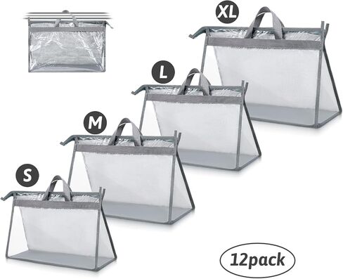 12 Pack Clear Handbag Storage Organizer, Dust Bags for Handbags, 4Sizes Clear Purse Storage Organizer with Zipper and Handles, Handbag Dust Covers for Closet and Dorm Wardrobe-3S+3M+3L+3XL in Kuwait