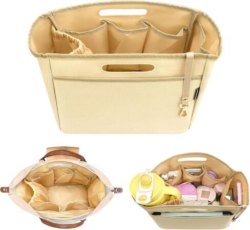 Dadanism Purse Organizer Insert for Longchamp Le Pliage, Handbag Tote Organizer Insert with Multi-pocket, Zipper Pocket, Handle, Tote Shaper with Cup Holder & Keychain, Beige in Saudi Arabia