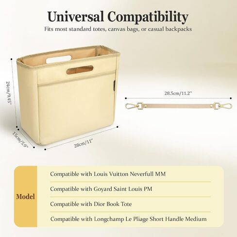 Dadanism Purse Organizer Insert for Longchamp Le Pliage, Handbag Tote Organizer Insert with Multi-pocket, Zipper Pocket, Handle, Tote Shaper with Cup Holder & Keychain, Beige in Saudi Arabia