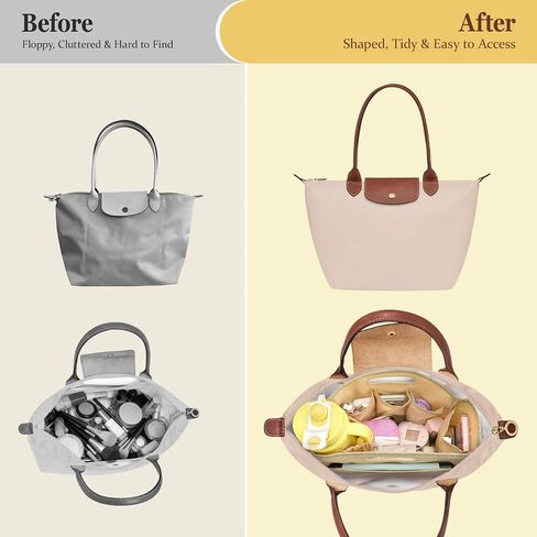Dadanism Purse Organizer Insert for Longchamp Le Pliage, Handbag Tote Organizer Insert with Multi-pocket, Zipper Pocket, Handle, Tote Shaper with Cup Holder & Keychain, Beige in Saudi Arabia
