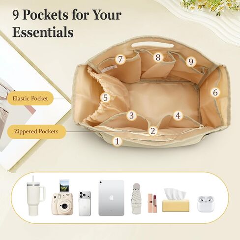 Dadanism Purse Organizer Insert for Longchamp Le Pliage, Handbag Tote Organizer Insert with Multi-pocket, Zipper Pocket, Handle, Tote Shaper with Cup Holder & Keychain, Beige in Saudi Arabia