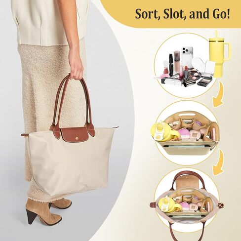 Dadanism Purse Organizer Insert for Longchamp Le Pliage, Handbag Tote Organizer Insert with Multi-pocket, Zipper Pocket, Handle, Tote Shaper with Cup Holder & Keychain, Beige in Saudi Arabia
