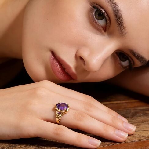 14K Gold Plated 925 Sterling Silver Fashion Ring for Women,Purple Cubic Zirconia Oval Cut Dainty Ring Jewelry Gifts for Her,Vintage Ring for Anniversary Wedding Engagement Daily Size:6-10 in Kuwait