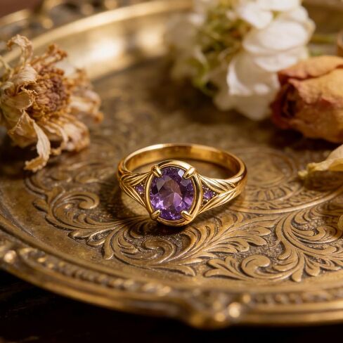 14K Gold Plated 925 Sterling Silver Fashion Ring for Women,Purple Cubic Zirconia Oval Cut Dainty Ring Jewelry Gifts for Her,Vintage Ring for Anniversary Wedding Engagement Daily Size:6-10 in Kuwait