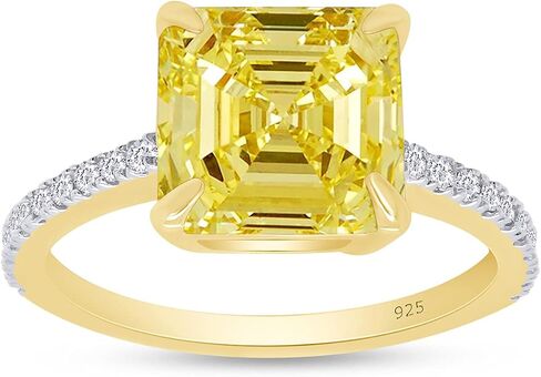 Jewel Zone US Asscher قص خاتم زركونيا مكعب أصفر كناري أبيض من الذهب عيار 14 قيراطًا على الفضة الاسترليني in Kuwait