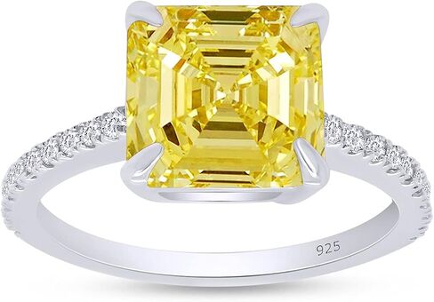 Jewel Zone US Asscher قص خاتم زركونيا مكعب أصفر كناري أبيض من الذهب عيار 14 قيراطًا على الفضة الاسترليني in Kuwait