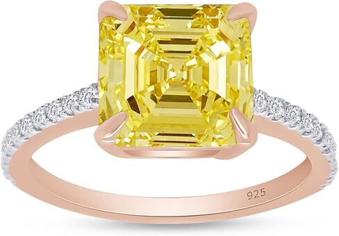 Jewel Zone US Asscher قص خاتم زركونيا مكعب أصفر كناري أبيض من الذهب عيار 14 قيراطًا على الفضة الاسترليني in Kuwait