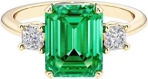 Solid 14k White or Yellow Gold 2 Carats Emerald Cut Lab Grown Colombian Emerald Ring with Princess Cut Diamond Sides, 3-Stone Engagement, May Birthstone, Birthday, Anniversary, Wedding Gift for Women, w/ Jewelry Box, Sizes 4-10 in Saudi Arabia