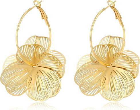 14K Gold Plated Flower Dangle Earrings for Women - Lightweight Hollow Wire Floral Hoop Earrings Hypoallergenic Statement Jewelry for Wedding Party Daily Wear in Saudi Arabia
