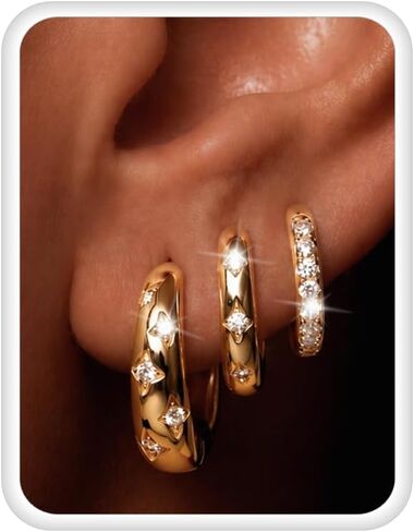 Small Chunky Gold Hoop Earrings for Women: 3Pairs 14K Gold-plated Hypoallergenic Small Huggie Hoops，Lightweight Tiny Thick Trendy for Multiple Piercing for Women Teens Jewelry Set in Kuwait