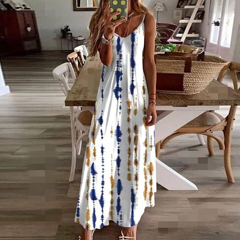 Summer Dresses for Women Printed Spaghetti Strap V-Neck Dress Flowy Casual Loose Midi Hawaiian Sundresses in Saudi Arabia