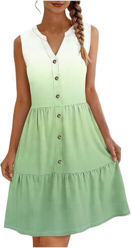 Midi Summer Dresses for Women Button Down Gradient Color Sundresses Casual Tiered Flowy Tank V-Neck Beach Dress in Saudi Arabia