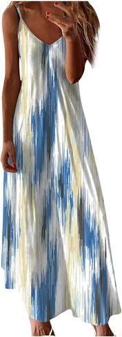 Summer Dresses for Women Printed Spaghetti Strap V-Neck Dress Flowy Casual Loose Midi Hawaiian Sundresses in Saudi Arabia