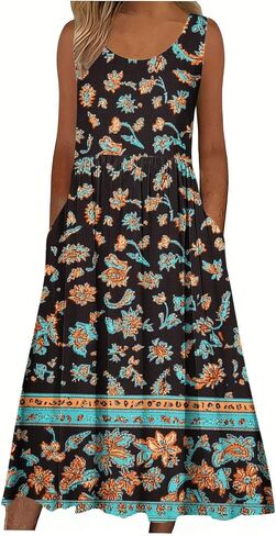 Boho Dresses for Women Floral Printed Scoop Neck Pleated Sundresses with Pocket Casual Maxi Summer Beach Dress in Saudi Arabia