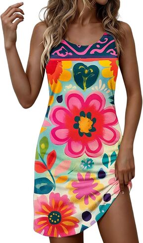 Womens Mini Dresses Scoop Neck Boho Dresses Elegant Floral Printed Tank Sundress Swing Flowy Beach Sleevelees Dress in Saudi Arabia