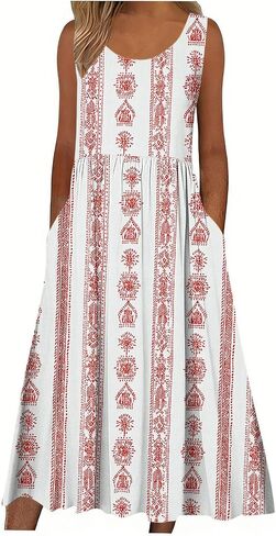 Boho Dresses for Women Floral Printed Scoop Neck Pleated Sundresses with Pocket Casual Maxi Summer Beach Dress in Saudi Arabia