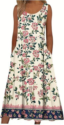 Boho Dresses for Women Floral Printed Scoop Neck Pleated Sundresses with Pocket Casual Maxi Summer Beach Dress in Saudi Arabia