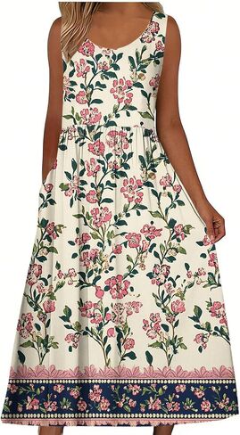 Boho Dresses for Women Floral Printed Scoop Neck Pleated Sundresses with Pocket Casual Maxi Summer Beach Dress in Saudi Arabia