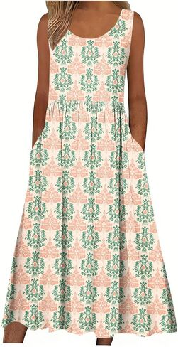 Boho Dresses for Women Floral Printed Scoop Neck Pleated Sundresses with Pocket Casual Maxi Summer Beach Dress in Saudi Arabia