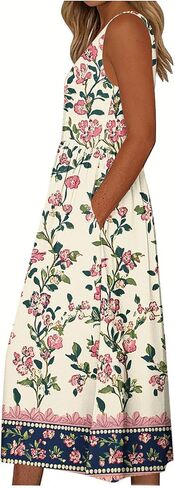 Boho Dresses for Women Floral Printed Scoop Neck Pleated Sundresses with Pocket Casual Maxi Summer Beach Dress in Saudi Arabia