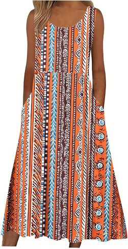 Boho Dresses for Women Floral Printed Scoop Neck Pleated Sundresses with Pocket Casual Maxi Summer Beach Dress in Saudi Arabia