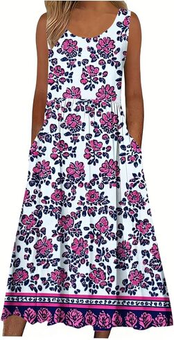 Boho Dresses for Women Floral Printed Scoop Neck Pleated Sundresses with Pocket Casual Maxi Summer Beach Dress in Saudi Arabia