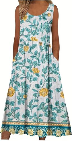 Boho Dresses for Women Floral Printed Scoop Neck Pleated Sundresses with Pocket Casual Maxi Summer Beach Dress in Saudi Arabia