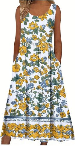 Boho Dresses for Women Floral Printed Scoop Neck Pleated Sundresses with Pocket Casual Maxi Summer Beach Dress in Saudi Arabia
