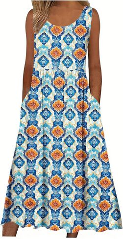 Boho Dresses for Women Floral Printed Scoop Neck Pleated Sundresses with Pocket Casual Maxi Summer Beach Dress in Saudi Arabia