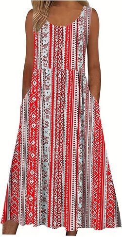 Boho Dresses for Women Floral Printed Scoop Neck Pleated Sundresses with Pocket Casual Maxi Summer Beach Dress in Saudi Arabia