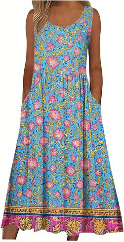 Boho Dresses for Women Floral Printed Scoop Neck Pleated Sundresses with Pocket Casual Maxi Summer Beach Dress in Saudi Arabia