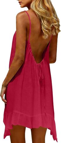 Womens Blackless Mini Dresses Cotton Linen V-Neck Dresses Sleeveless Spaghetti Strap Summer Ruffles Boho Sundresses in Saudi Arabia