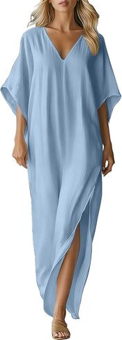Womens Boho Maxi Dresses Cotton Linen Half Sleeves V-Neck Long Dress Summer Casual Loose Flowy Swing Sundress in Saudi Arabia