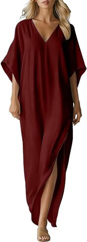 Womens Boho Maxi Dresses Cotton Linen Half Sleeves V-Neck Long Dress Summer Casual Loose Flowy Swing Sundress in Saudi Arabia