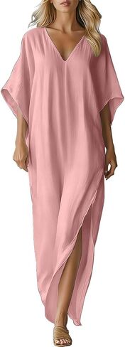 Womens Boho Maxi Dresses Cotton Linen Half Sleeves V-Neck Long Dress Summer Casual Loose Flowy Swing Sundress in Saudi Arabia