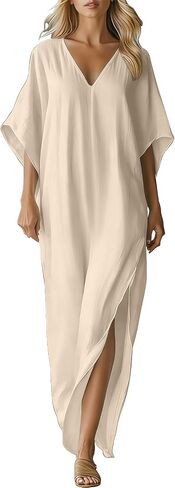 Womens Boho Maxi Dresses Cotton Linen Half Sleeves V-Neck Long Dress Summer Casual Loose Flowy Swing Sundress in Saudi Arabia