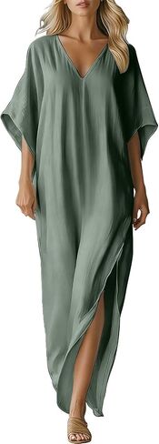 Womens Boho Maxi Dresses Cotton Linen Half Sleeves V-Neck Long Dress Summer Casual Loose Flowy Swing Sundress in Saudi Arabia