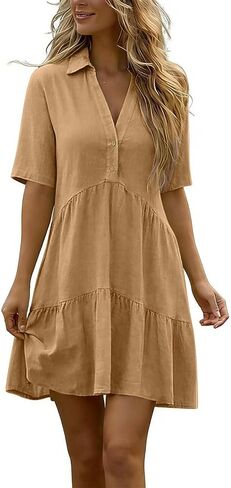 Womens Button Down Dresses Linen V-Neck Collared Mini Dress Summer Casual Short Sleeve Tiered Flowy Sundresses in Saudi Arabia